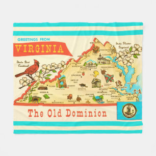 Vintage Virginia Map Postcard Fleece Blanket