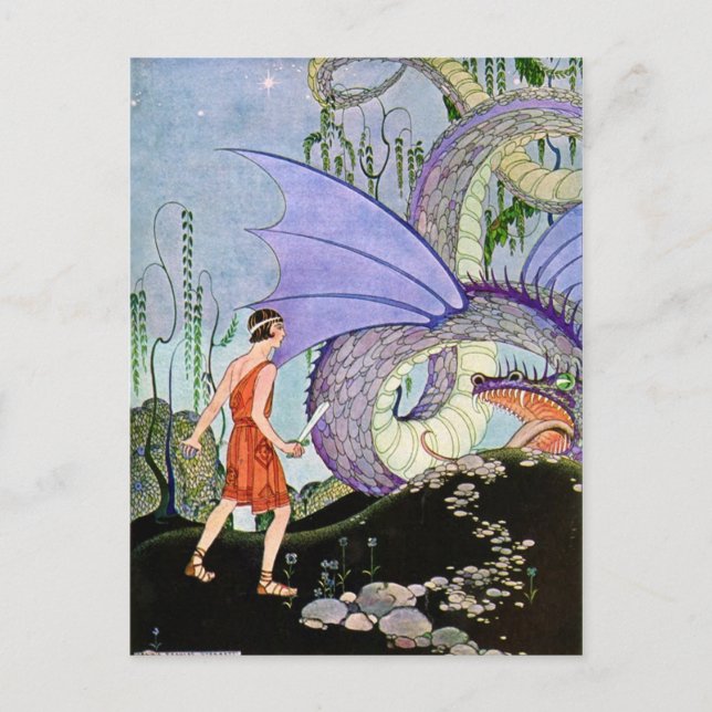 Vintage Virginia Sterrett Dragon Meets Warrior Postcard (Front)