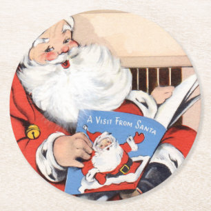 Vintage Visit From Santa Claus Round Paper Coaster