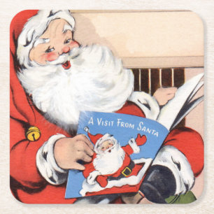 Vintage Visit From Santa Claus Square Paper Coaster