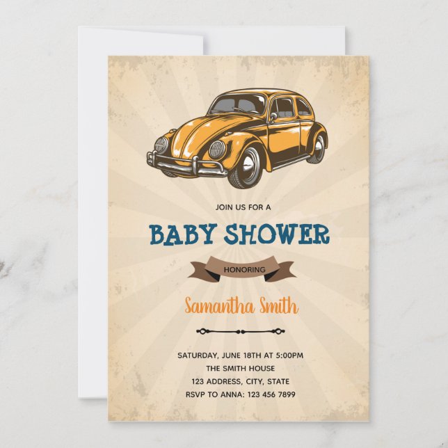 Vintage voiture douche invitation anniversaire (Devant)