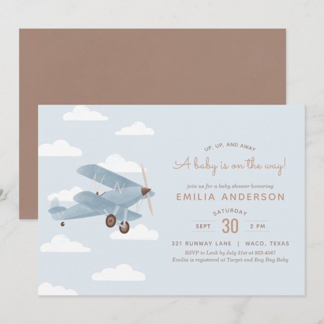 Vintage voyage Biplane Baby shower Invitation (Devant / Derrière)