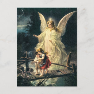 Vintage Wächter Engel und Kinder auf Brücke Postcard