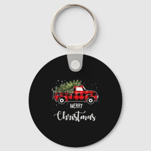 Vintage Wagon Red Truck Christmas Tree Pajama Fami Keychain
