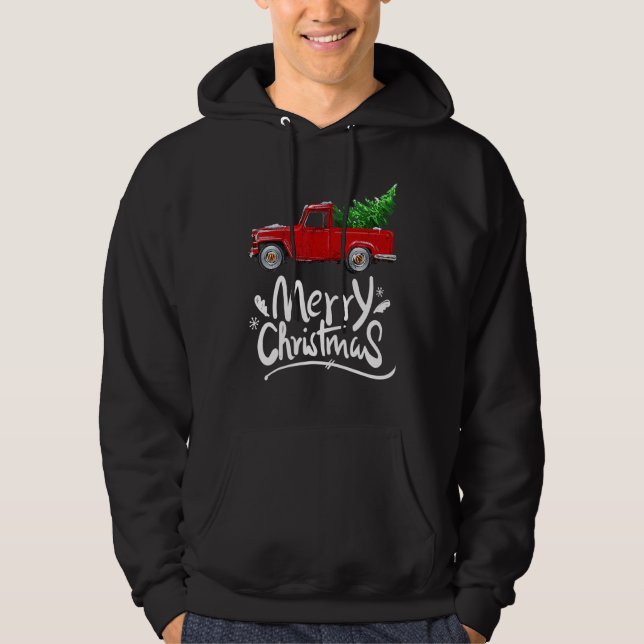 Vintage Wagon Red Truck Christmas Tree Pajama Hoodie (Front)