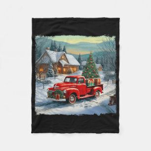 Vintage Wagon Red Truck Merry Christmas Tree Snow Fleece Blanket