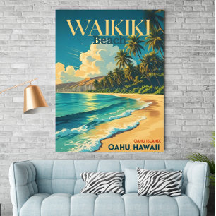Vintage Waikiki Beach, Hawaii - Retro Affiche de v