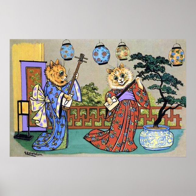 Vintage Wain Japanese Musical Cat Poster Print (Front)