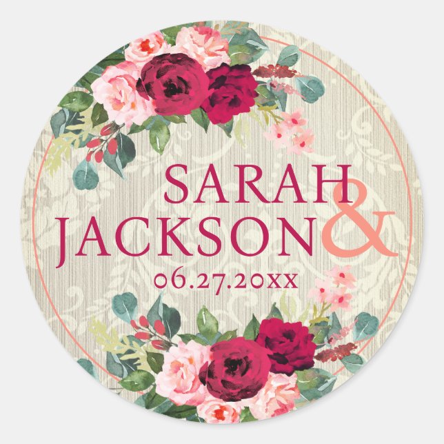 Vintage Wallpaper and Roses Weddng Classic Round Sticker (Front)
