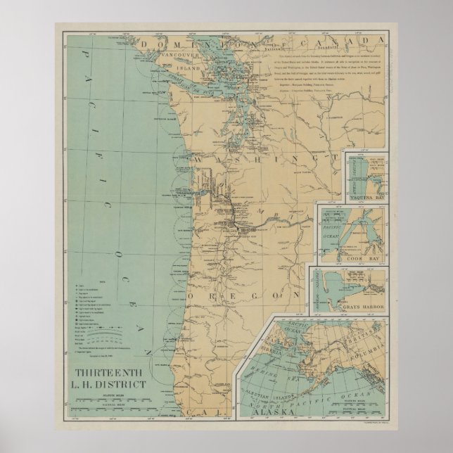 Vintage Washington & Oregon Lighthouse Map (1898) Poster (Front)