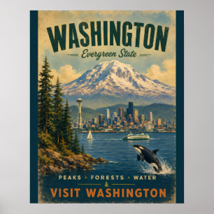 Vintage Washington State Travel Poster with Scenic