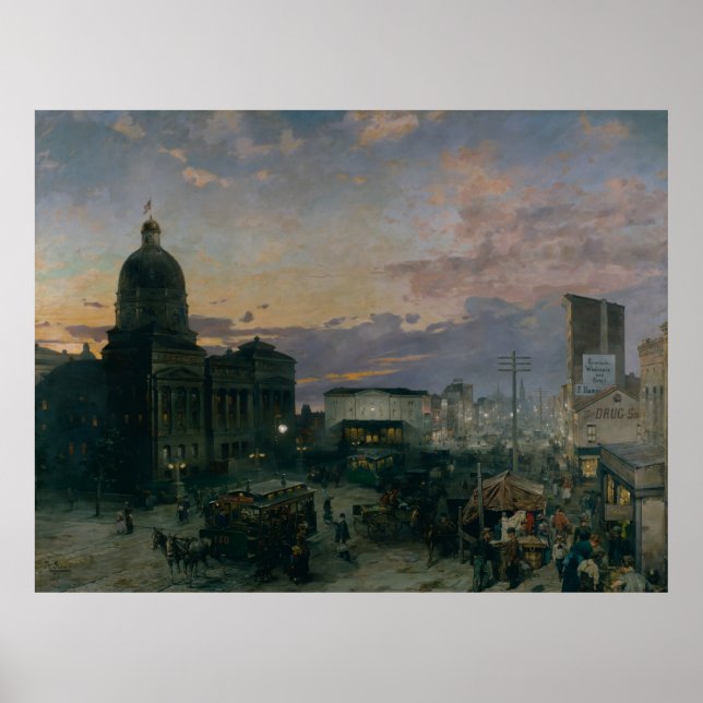 Vintage Washington Street Indianapolis at Dusk Poster (Front)