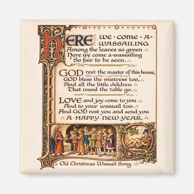 Vintage Wassail Song Illuminated Manuscript Art  Magnet (Front)
