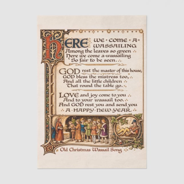 Vintage Wassail Song Illuminated Manuscript Art  Tissue Paper (Front)
