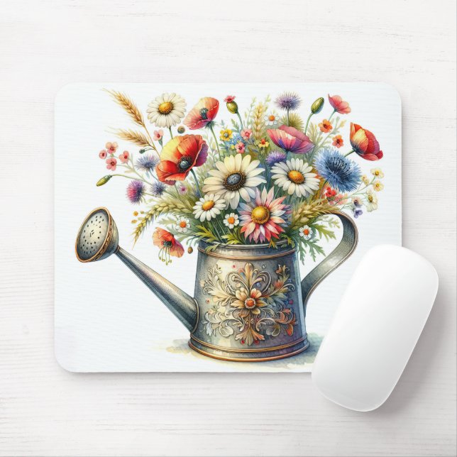 Vintage Water Can With Wildflowers Mouse Pad (With Mouse)