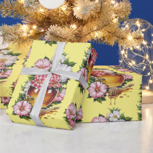 Vintage Water colour Honey Jar Flowers nostalgia Wrapping Paper