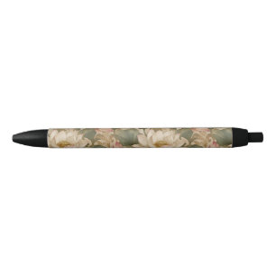 Vintage Water Lotus Botanical Floral Pattern Black Ink Pen