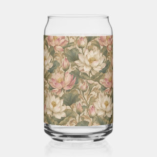 Vintage Water Lotus Botanical Floral Pattern Can Glass
