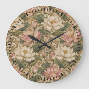 Vintage Water Lotus Botanical Floral Pattern Large Clock