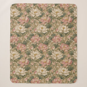 Vintage Water Lotus Botanical Floral Pattern Sherpa Blanket
