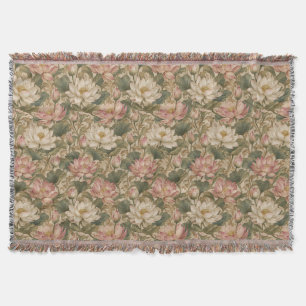 Vintage Water Lotus Botanical Floral Pattern Throw Blanket