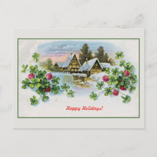 Vintage water mill Four-leaf clovers Holiday Postcard