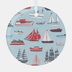 Vintage Water Transport Doodle Pattern Glass Ornament