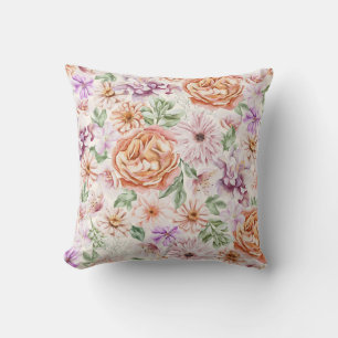 Vintage Watercolor Apricot Rose and Purple Floral Throw Pillow