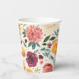 Vintage Watercolor Autumn Blooms Pattern Paper Cups