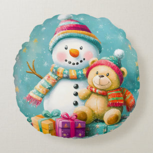 Vintage Watercolor Bear Snowman Christmas Joy Round Pillow