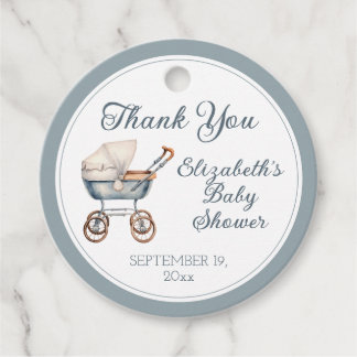 Vintage Watercolor Blue Baby Carriage Personalized Favour Tags