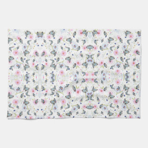Vintage Watercolor Blue Butterfly & Pink Floral Kitchen Towel
