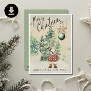 Vintage Watercolor Bulldog Dog Holiday Card