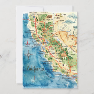 Vintage Watercolor California Travel Map Art Holiday Card