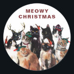 Vintage Watercolor Cat Clowder Meowy Christmas Classic Round Sticker<br><div class="desc">Wishing you a purr-fect holiday season! Send holiday greetings with this cat-themed holiday sticker. It features an adorable group of cats with festive hats. Personalize by adding your details. This Christmas sticker is perfect for cat lovers.</div>