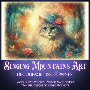 Vintage Watercolor Cat with Botanicals Decoupage Tissue Paper