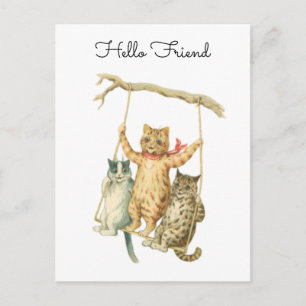 Vintage Watercolor Cats on Swing Hello Friend Postcard