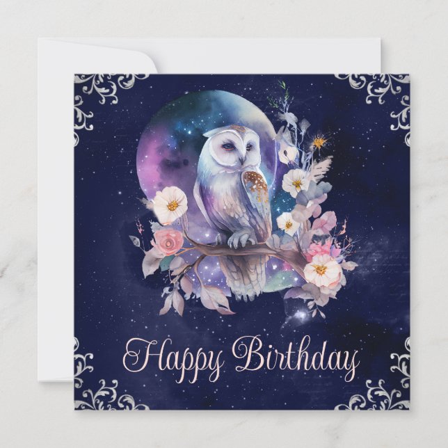 Vintage Watercolor Celestial Fantasy Owl Birthday Card (Front)