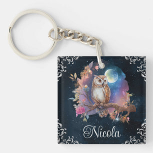 Vintage Watercolor Celestial Fantasy Owl Keychain