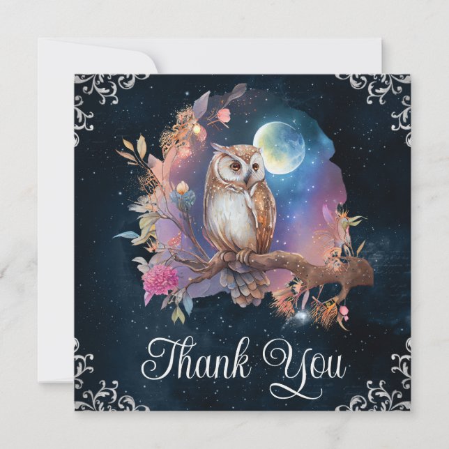 Vintage Watercolor Celestial Fantasy Owl Thank You Card (Front)