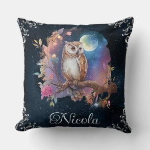 Vintage Watercolor Celestial Fantasy Owl Throw Pillow