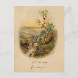 Vintage Watercolor Christmas Birch Tree & Bridge Postcard