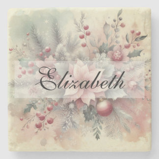 Vintage Watercolor Christmas Floral and Ornaments Stone Coaster