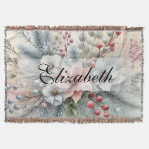 Vintage Watercolor Christmas Floral and Ornaments Throw Blanket
