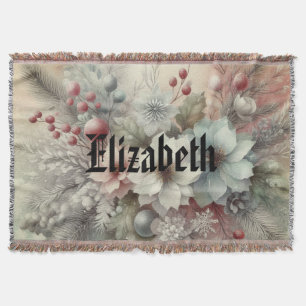 Vintage Watercolor Christmas Floral and Ornaments Throw Blanket