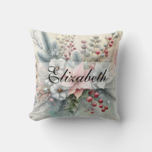 Vintage Watercolor Christmas Floral and Ornaments Throw Pillow