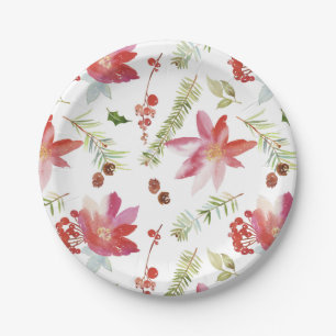 Vintage Watercolor Christmas Florals Paper Plate