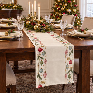 Vintage Watercolor Christmas Ornament Border Long Table Runner