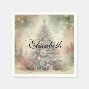 Vintage Watercolor Christmas Tree and Ornaments Napkin