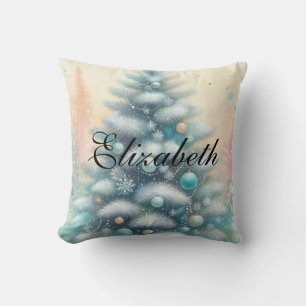 Vintage Watercolor Christmas Tree and Ornaments Throw Pillow